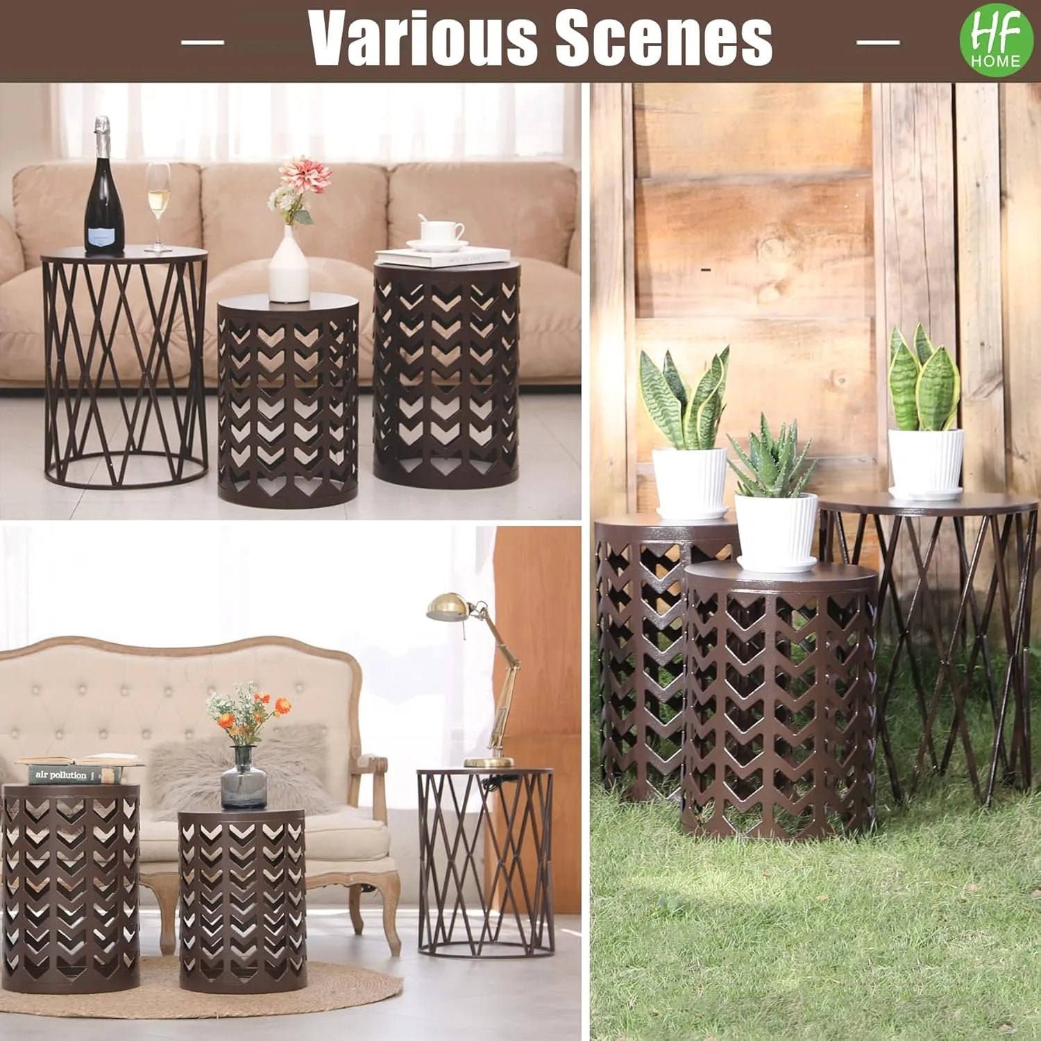 HFHOME Round Nesting Coffee Tables, Set of 3 End Tables for Living Room Balcony Office, Heavy Duty Metal Stacking Side Tables for Home Indoor - Brown