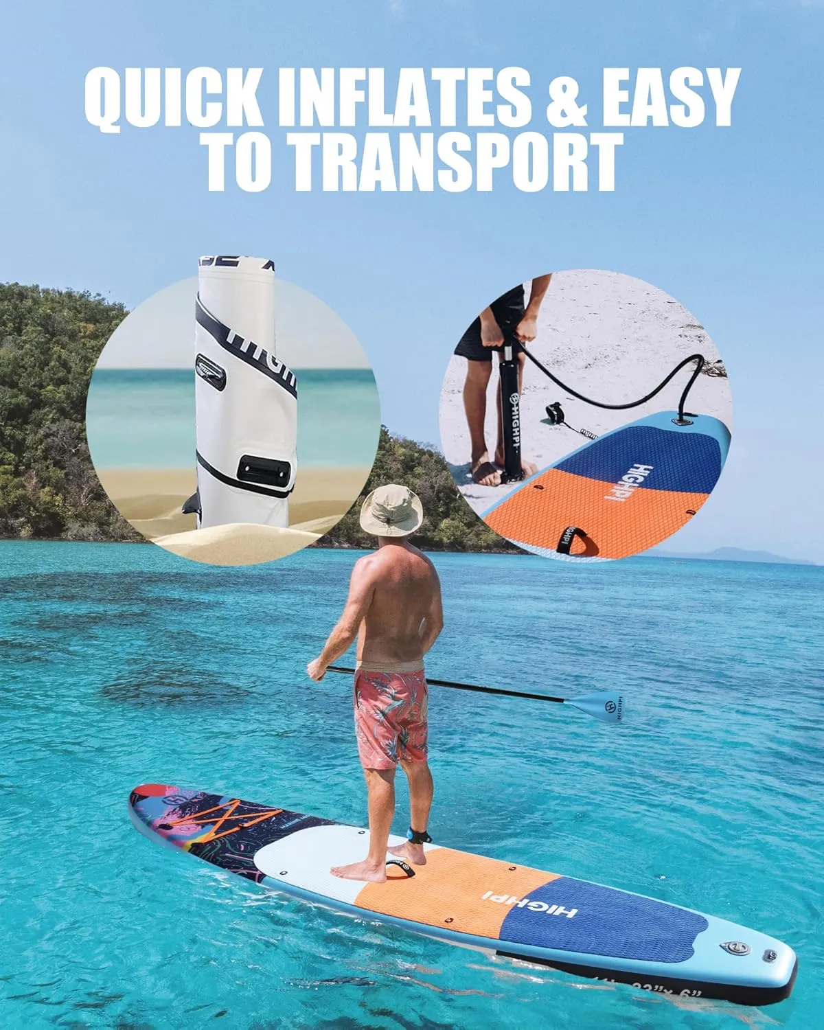 Highpi Inflatable Stand Up Paddle Board Premium SUP Accessories, Backpack, Wide Stance, Surf Control, Non-Slip Deck, Leash, Paddle and Pump, Standing Boat for Youth and Adult