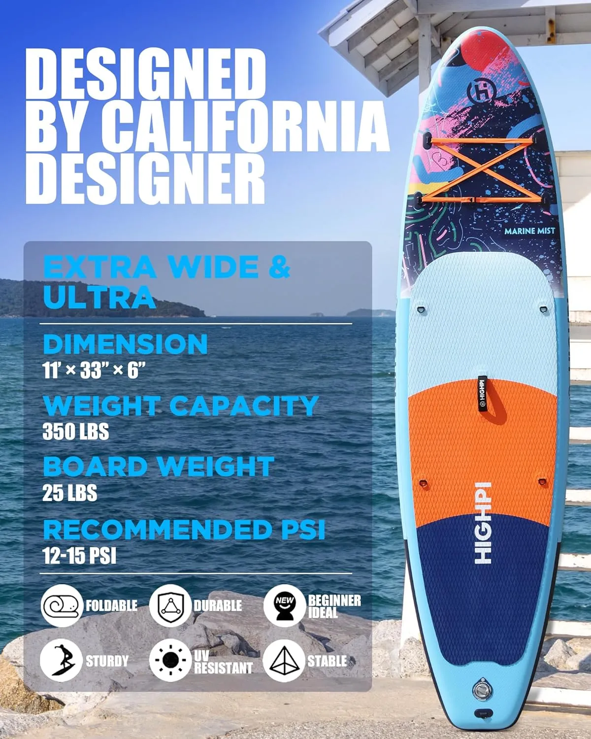 Highpi Inflatable Stand Up Paddle Board Premium SUP Accessories, Backpack, Wide Stance, Surf Control, Non-Slip Deck, Leash, Paddle and Pump, Standing Boat for Youth and Adult