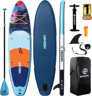 Highpi Inflatable Stand Up Paddle Board Premium SUP Accessories, Backpack, Wide Stance, Surf Control, Non-Slip Deck, Leash, Paddle and Pump, Standing Boat for Youth and Adult