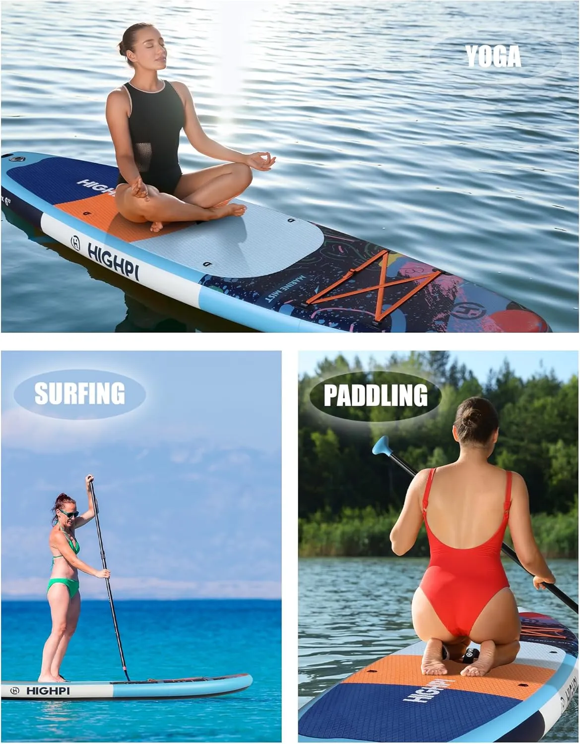 Highpi Inflatable Stand Up Paddle Board Premium SUP Accessories, Backpack, Wide Stance, Surf Control, Non-Slip Deck, Leash, Paddle and Pump, Standing Boat for Youth and Adult