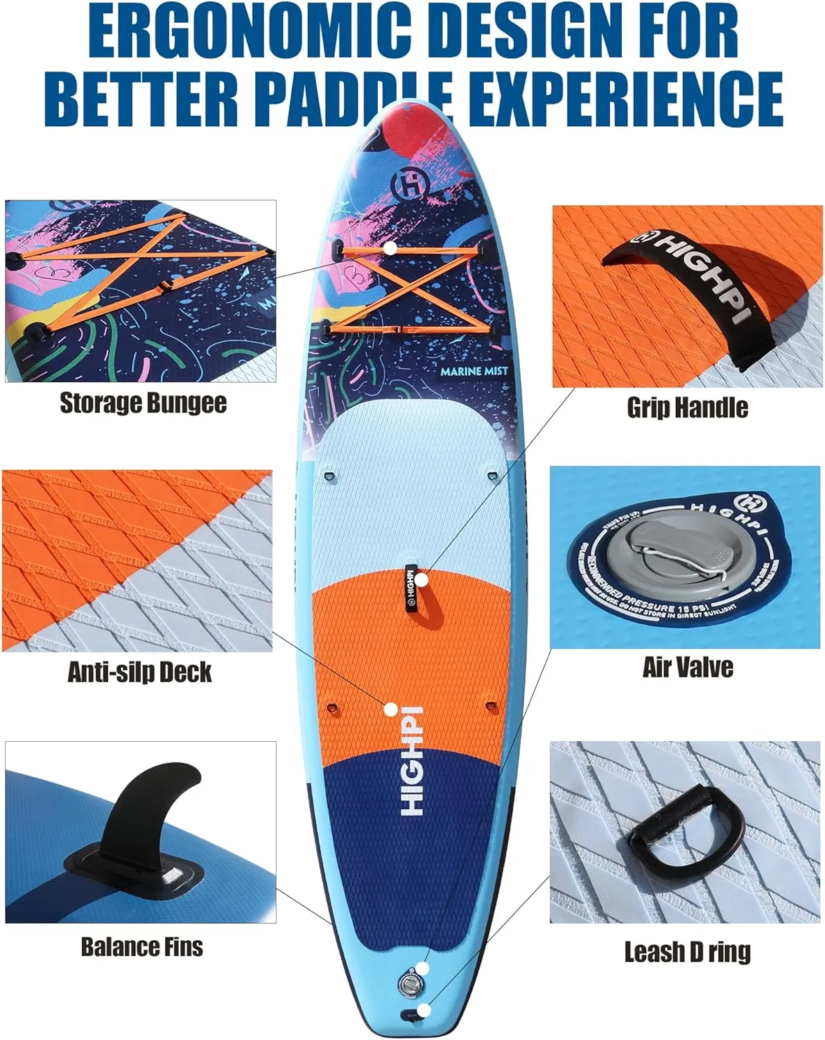 Highpi Inflatable Stand Up Paddle Board Premium SUP Accessories, Backpack, Wide Stance, Surf Control, Non-Slip Deck, Leash, Paddle and Pump, Standing Boat for Youth and Adult