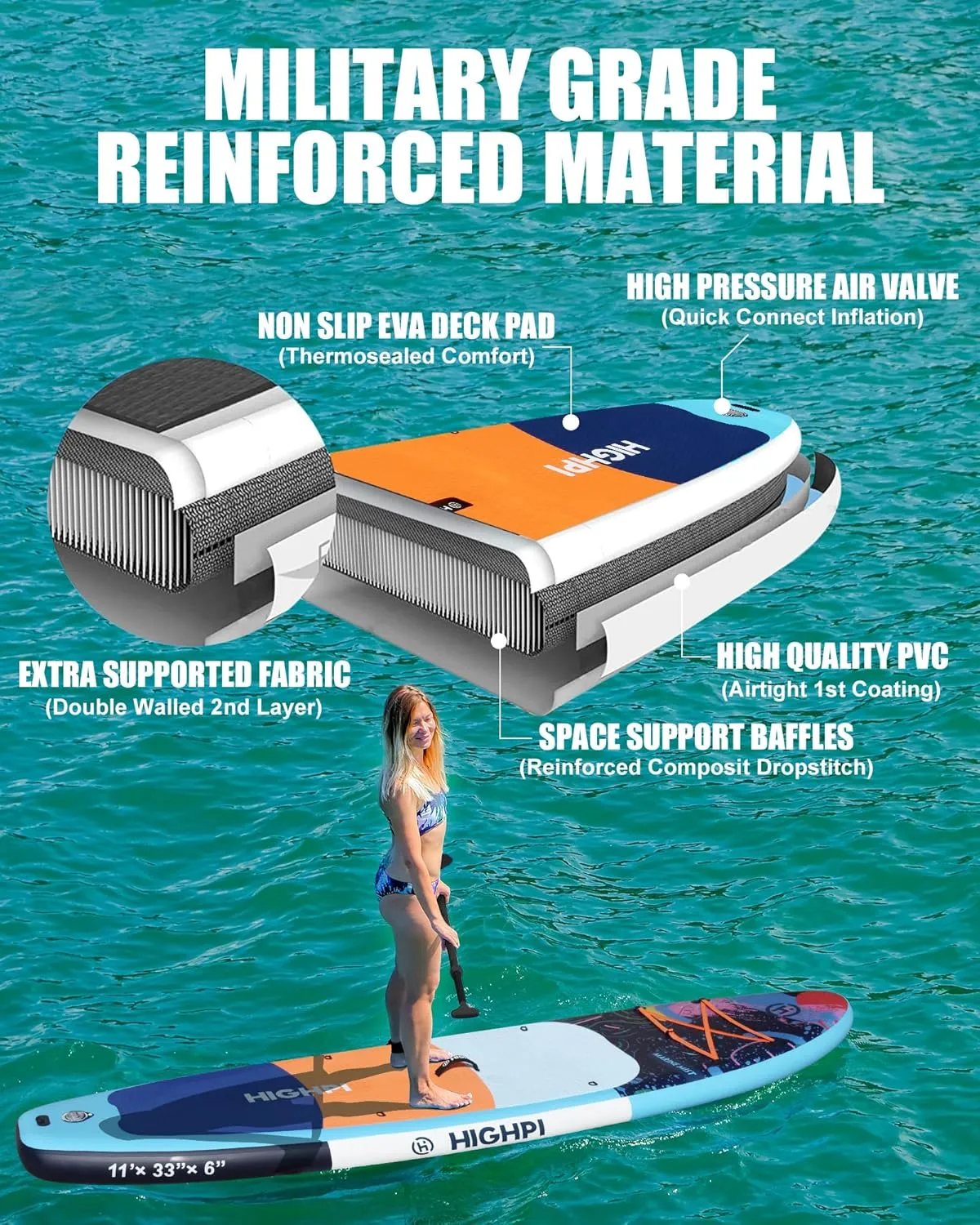 Highpi Inflatable Stand Up Paddle Board Premium SUP Accessories, Backpack, Wide Stance, Surf Control, Non-Slip Deck, Leash, Paddle and Pump, Standing Boat for Youth and Adult