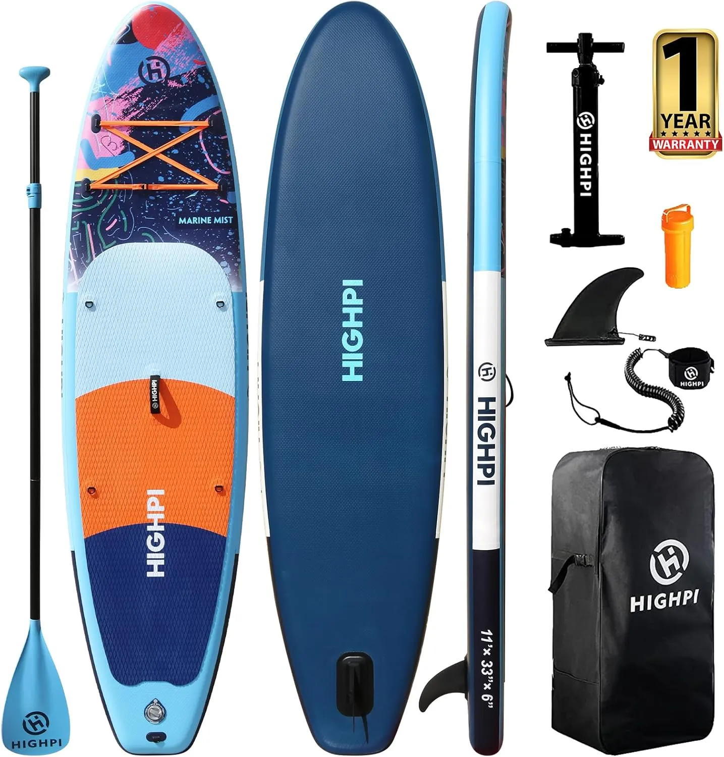 Highpi Inflatable Stand Up Paddle Board Premium SUP Accessories, Backpack, Wide Stance, Surf Control, Non-Slip Deck, Leash, Paddle and Pump, Standing Boat for Youth and Adult