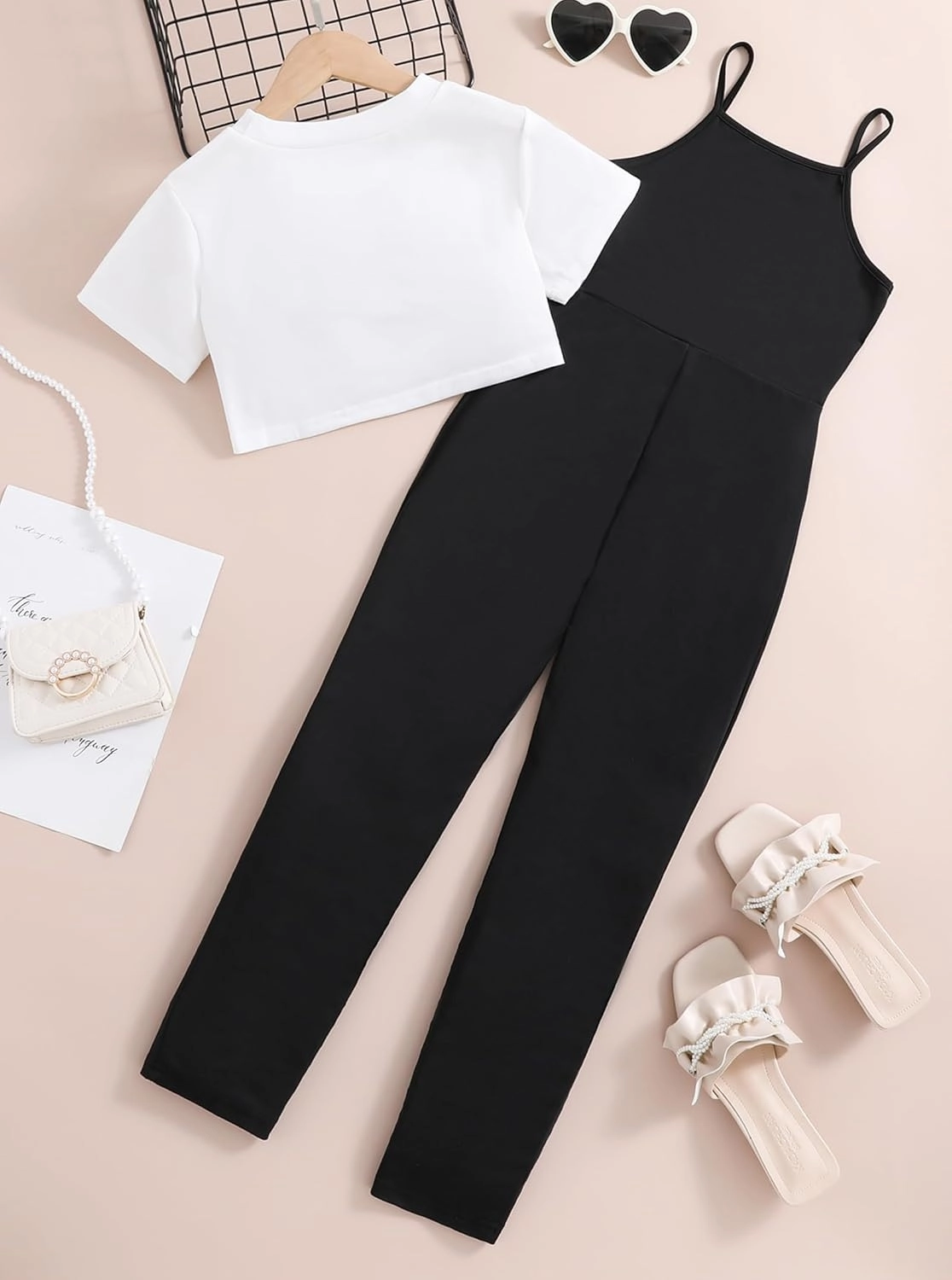 Hilinker Girl's 2 Piece Outfits Graphic Short Sleeve Crop Top and Cami Jumpsuit Set