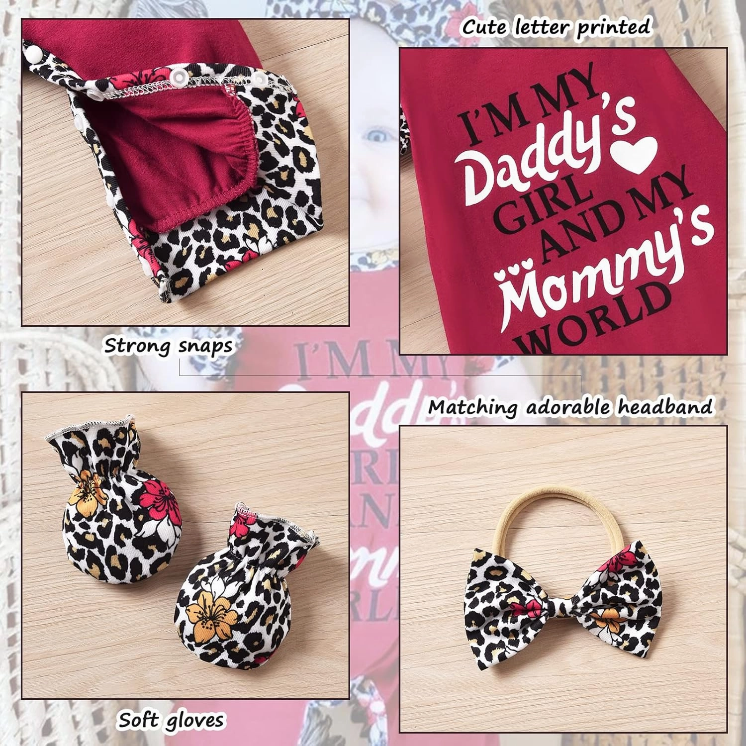 HINTINA Preemie Newborn Baby Girl Letter Print Romper Jumpsuit Gloves Headband Clothes Set