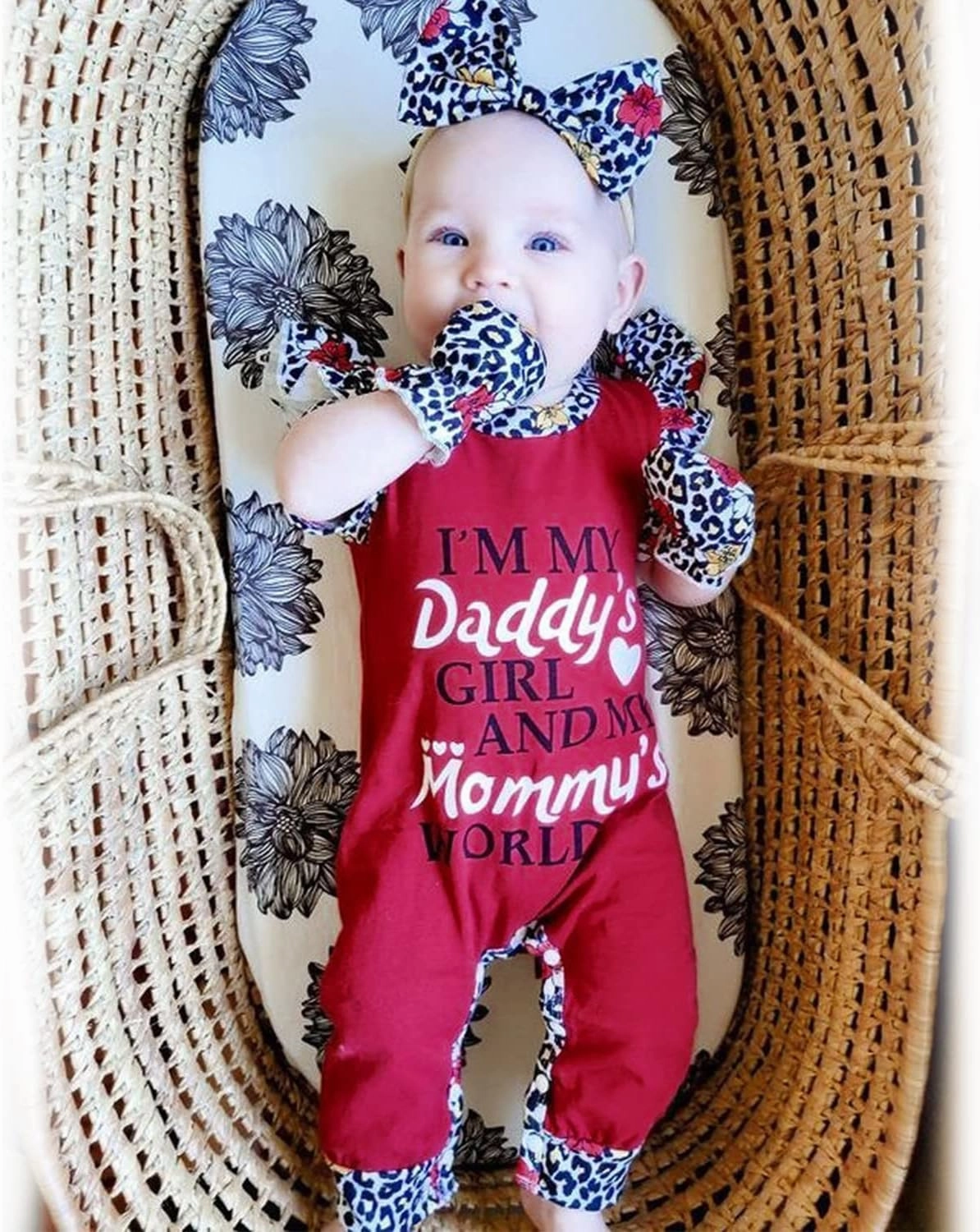 HINTINA Preemie Newborn Baby Girl Letter Print Romper Jumpsuit Gloves Headband Clothes Set