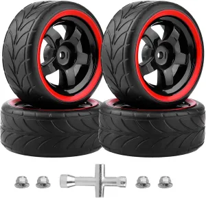 HobbyPark 12mm Hex PreGlued 1/10 RC Touring Car Wheels and Tires 1.02" 26mm Wide, 2.55" Tall Soft Rubber for Tamiya HPI Traxxas Redcat Kyosho Brushless Motor 2S 3S Lipo (Style B)