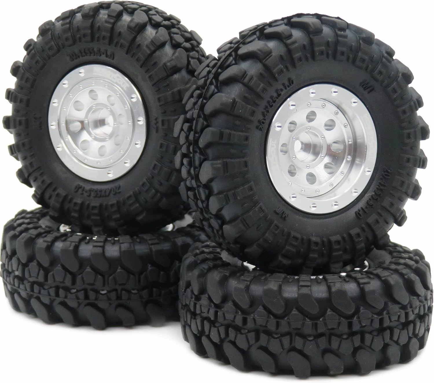 HOBBYSOUL Adjustable Offset RC 1.0 Wheels and Tires, 1/24 Tires & Heavy 1.0 Beadlock Wheels Silver for 1:24 RC Crawler Axial SCX24 Upgrade & Other 1/24 Crawler Truck,(4-Pack, Assembled)