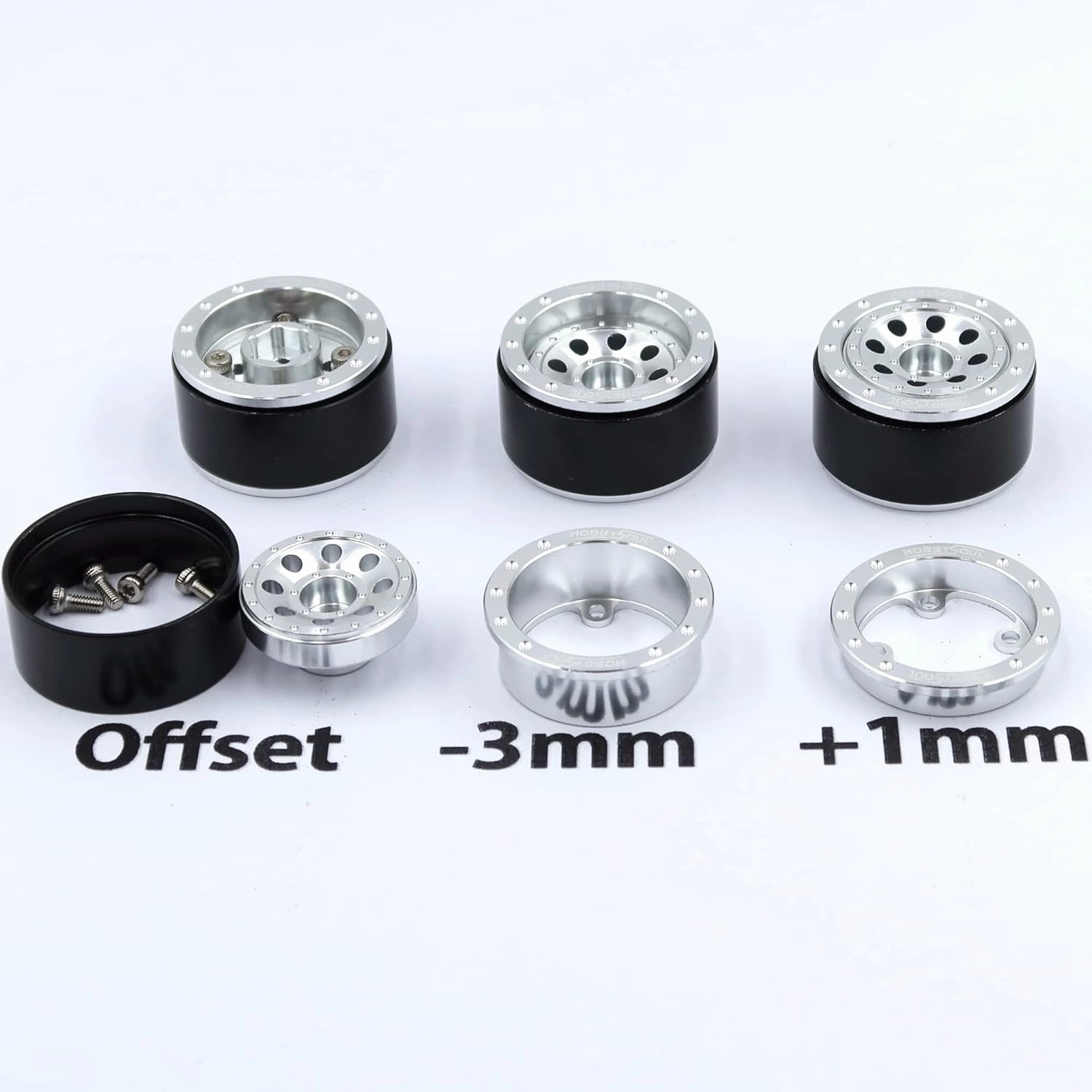 HOBBYSOUL Adjustable Offset RC 1.0 Wheels and Tires, 1/24 Tires & Heavy 1.0 Beadlock Wheels Silver for 1:24 RC Crawler Axial SCX24 Upgrade & Other 1/24 Crawler Truck,(4-Pack, Assembled)