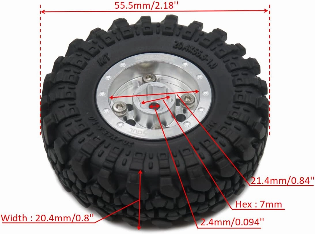 HOBBYSOUL Adjustable Offset RC 1.0 Wheels and Tires, 1/24 Tires & Heavy 1.0 Beadlock Wheels Silver for 1:24 RC Crawler Axial SCX24 Upgrade & Other 1/24 Crawler Truck,(4-Pack, Assembled)