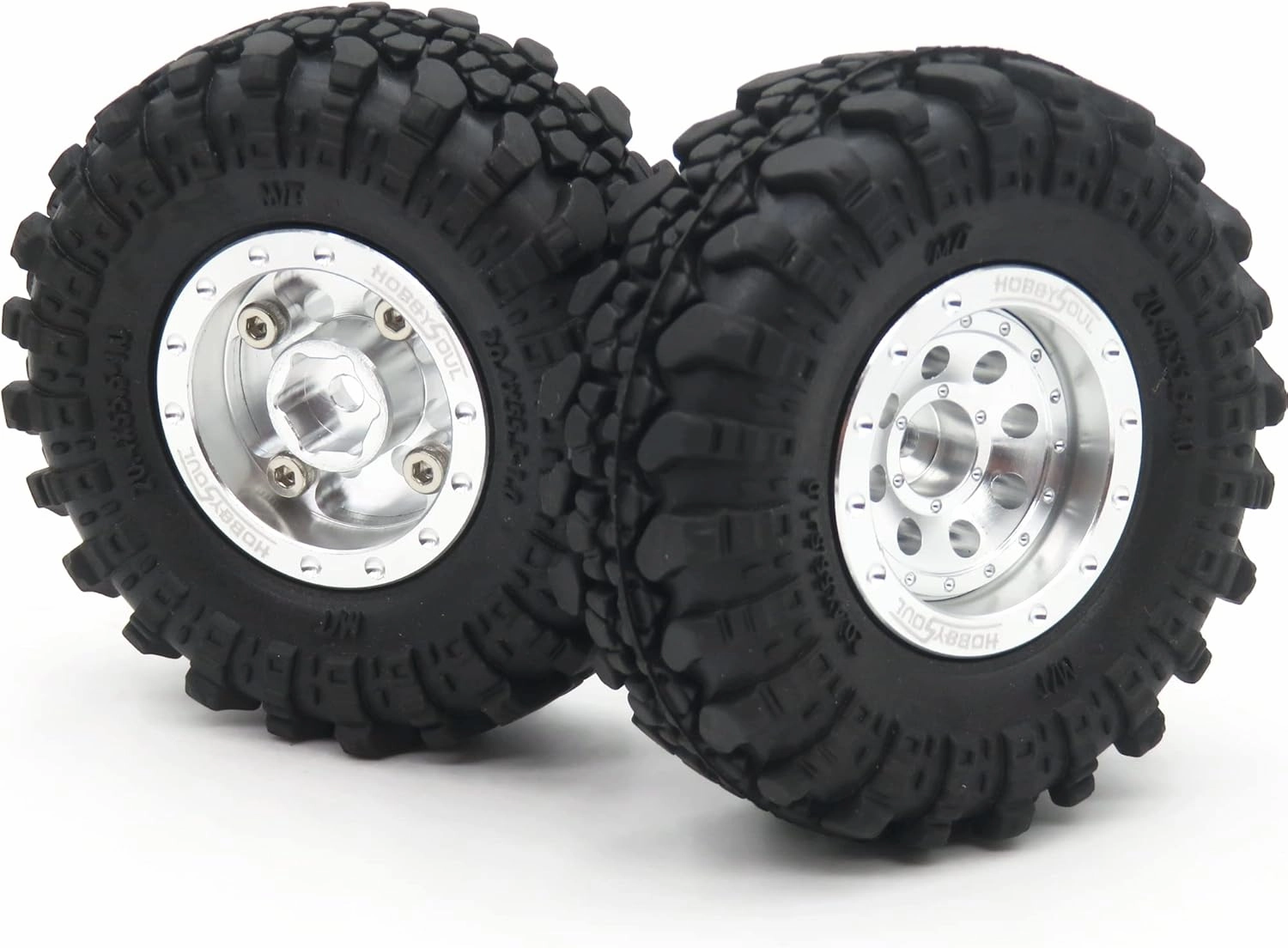 HOBBYSOUL Adjustable Offset RC 1.0 Wheels and Tires, 1/24 Tires & Heavy 1.0 Beadlock Wheels Silver for 1:24 RC Crawler Axial SCX24 Upgrade & Other 1/24 Crawler Truck,(4-Pack, Assembled)