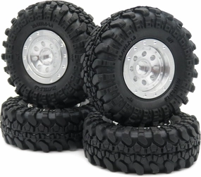 HOBBYSOUL Adjustable Offset RC 1.0 Wheels and Tires, 1/24 Tires & Heavy 1.0 Beadlock Wheels Silver for 1:24 RC Crawler Axial SCX24 Upgrade & Other 1/24 Crawler Truck,(4-Pack, Assembled)