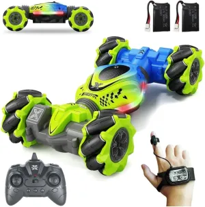 HOBZEE 4WD RC Stunt Car for Kids – Gesture Sensing, 360° Spins, Lights & Music, Offroad Drift Toy, Green