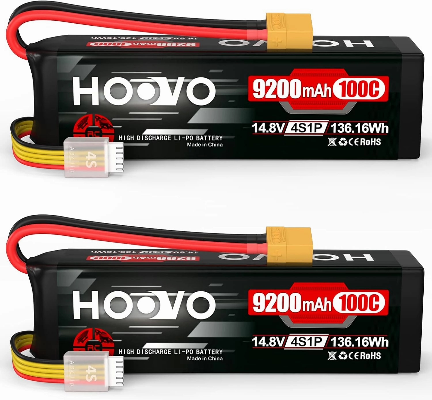 HOOVO 4S Lipo Battery 9200mAh 14.8V 100C with XT90 Plug Metal Plates Soft Case for RC Truck Truggy Buggy Tank RC Car Racing Hobby (2 Pack)