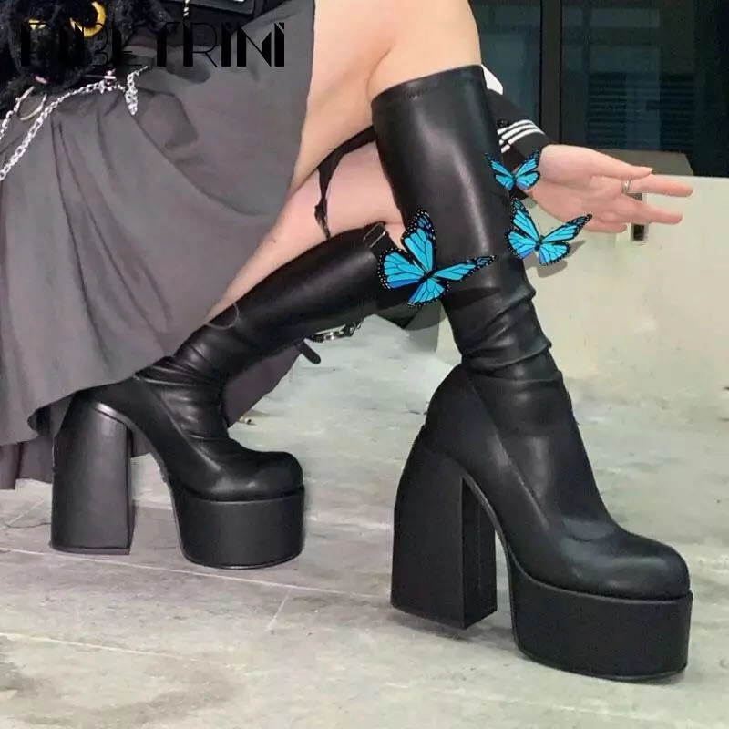 HOTan and NEWn Autumn and Winter Cross-Border plus Size round Head Chunky Heel Mid-Calf Thin Leg Stretch Boots Female Pu plus Size Knight Boots
