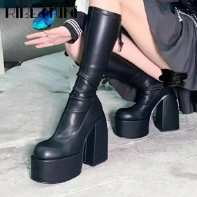 HOTan and NEWn Autumn and Winter Cross-Border plus Size round Head Chunky Heel Mid-Calf Thin Leg Stretch Boots Female Pu plus Size Knight Boots