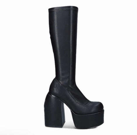 HOTan and NEWn Autumn and Winter Cross-Border plus Size round Head Chunky Heel Mid-Calf Thin Leg Stretch Boots Female Pu plus Size Knight Boots
