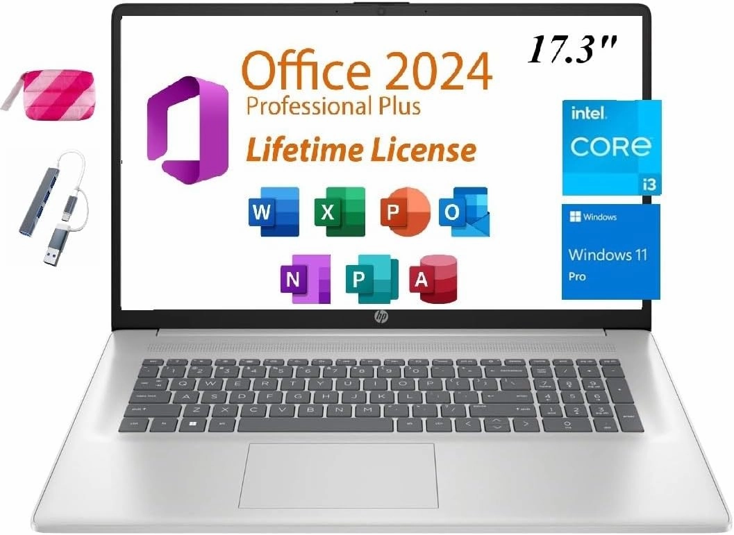 HP 2025 Premium 17 Laptop, Lifetime Office 2024, 17.3” HD  Display, Intel Core i3-N305 Processor,32GB RAM, 2TB PCIe SSD, Wi-Fi 6, HDMI, Webcam, Windows 11 Pro, Silver