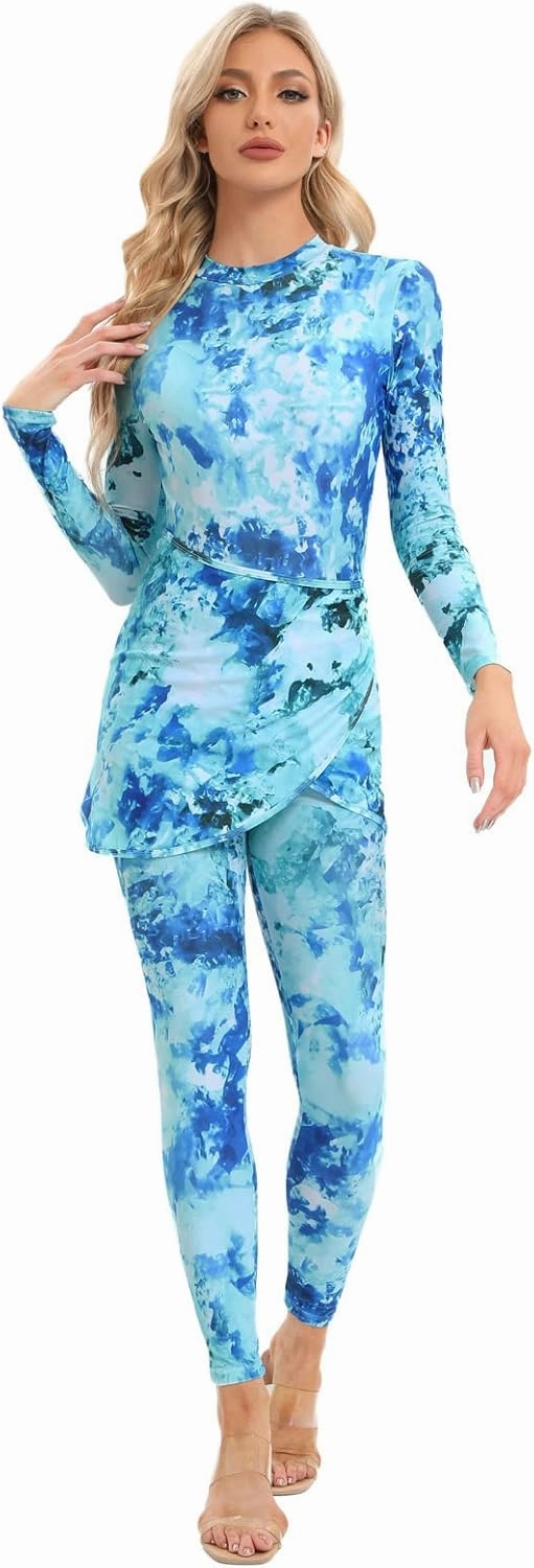 IBAKOM Modest Swimsuits for Women Full Body 4 Pieces Muslin Swimwear Long Sleeve Swim Top Swim Bottom Mesh Cover Ups