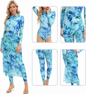 IBAKOM Modest Swimsuits for Women Full Body 4 Pieces Muslin Swimwear Long Sleeve Swim Top Swim Bottom Mesh Cover Ups