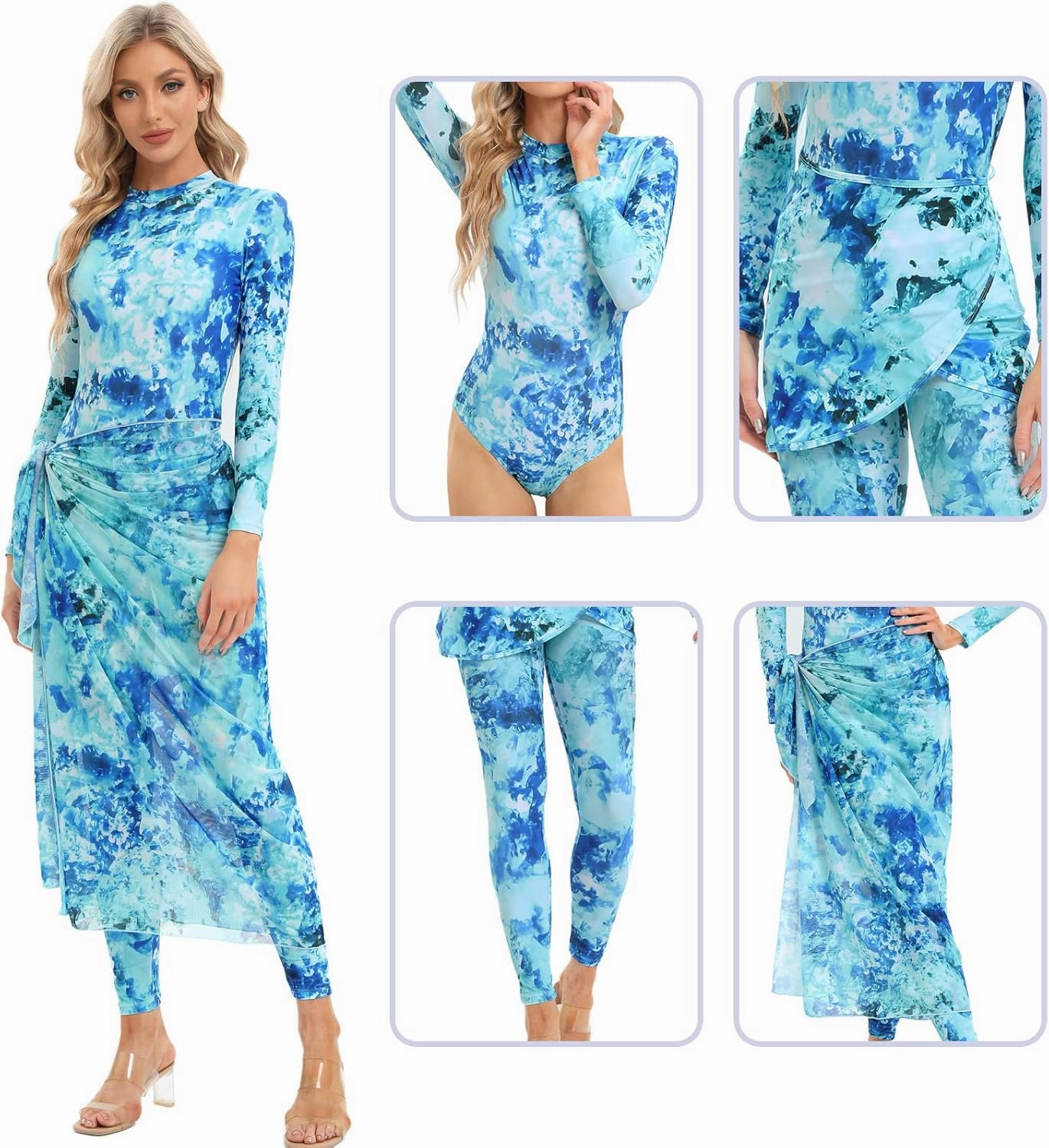 IBAKOM Modest Swimsuits for Women Full Body 4 Pieces Muslin Swimwear Long Sleeve Swim Top Swim Bottom Mesh Cover Ups