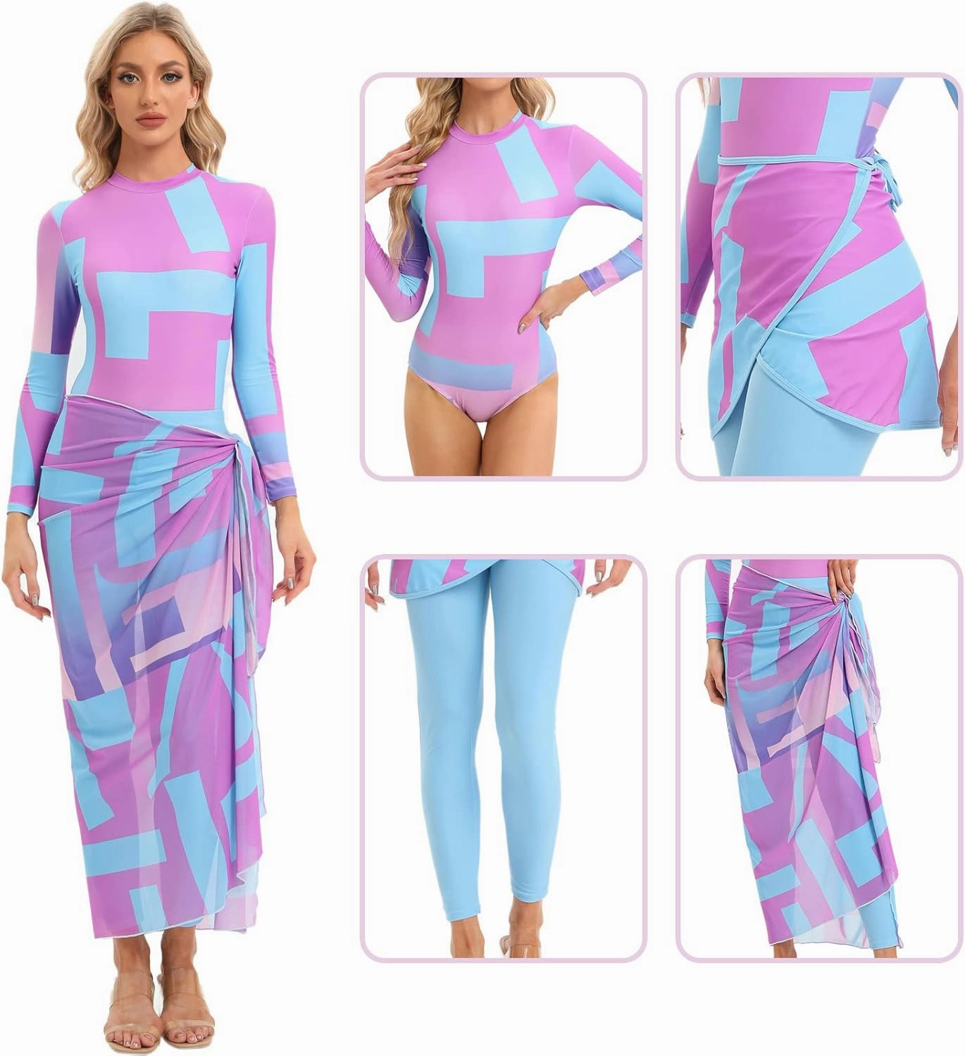 IBAKOM Modest Swimsuits for Women Full Body 4 Pieces Muslin Swimwear Long Sleeve Swim Top Swim Bottom Mesh Cover Ups
