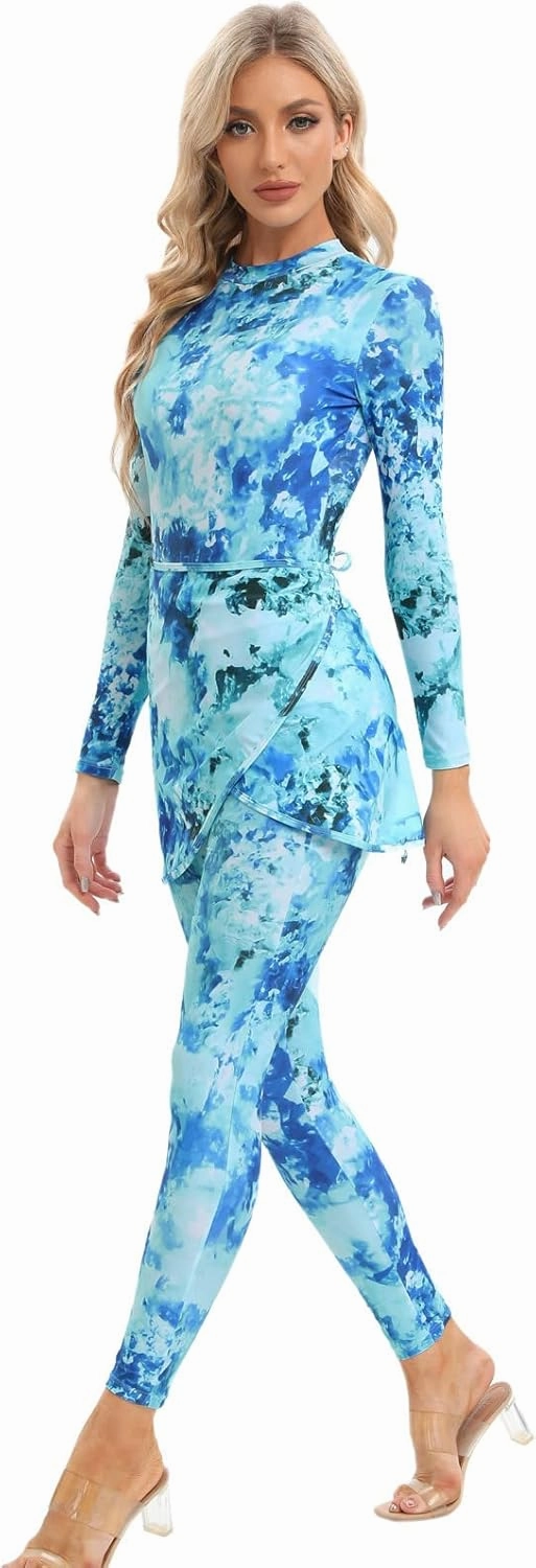 IBAKOM Modest Swimsuits for Women Full Body 4 Pieces Muslin Swimwear Long Sleeve Swim Top Swim Bottom Mesh Cover Ups