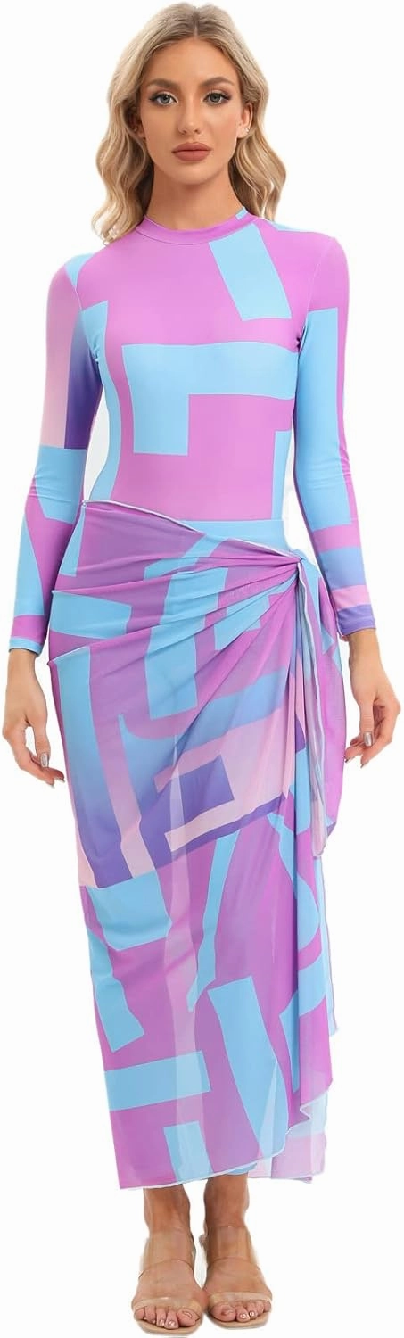 IBAKOM Modest Swimsuits for Women Full Body 4 Pieces Muslin Swimwear Long Sleeve Swim Top Swim Bottom Mesh Cover Ups