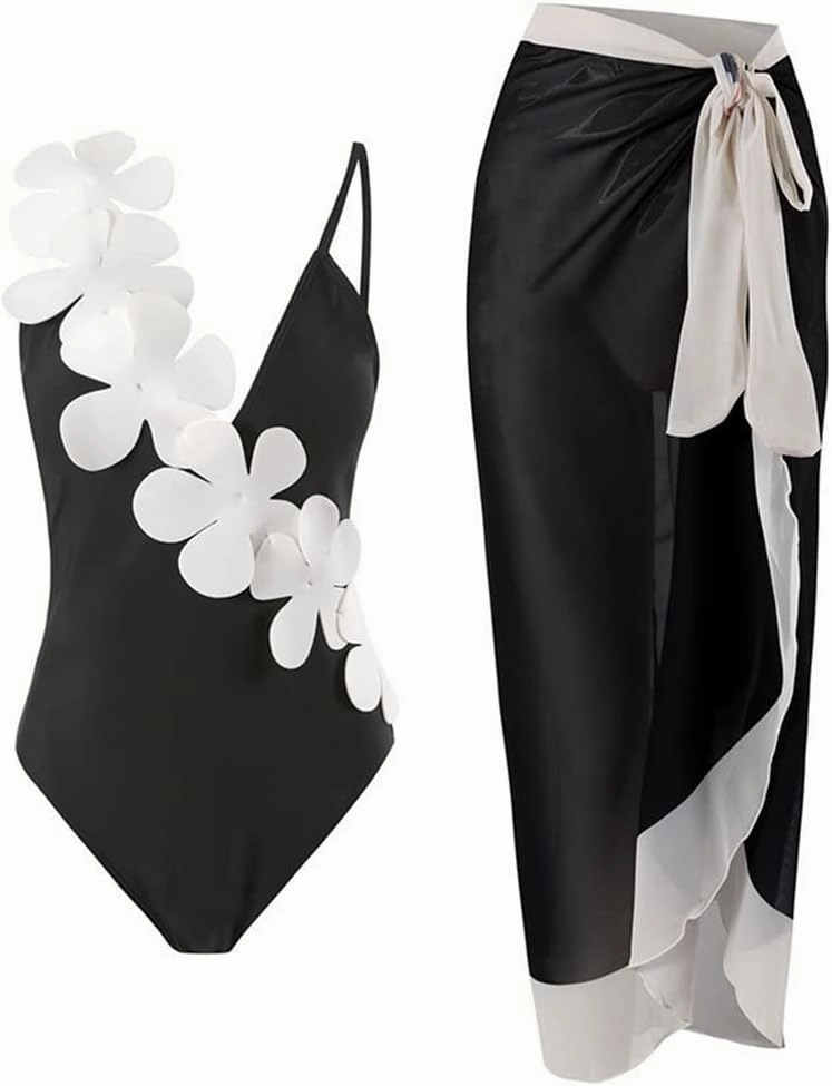 IBAKOM Three Pieces Swimsuits for Women with Matching Wrap Skirt Swim Top Tummy Control Bikin Bottom Mesh Sheer Cover Ups