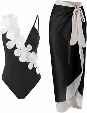 IBAKOM Three Pieces Swimsuits for Women with Matching Wrap Skirt Swim Top Tummy Control Bikin Bottom Mesh Sheer Cover Ups