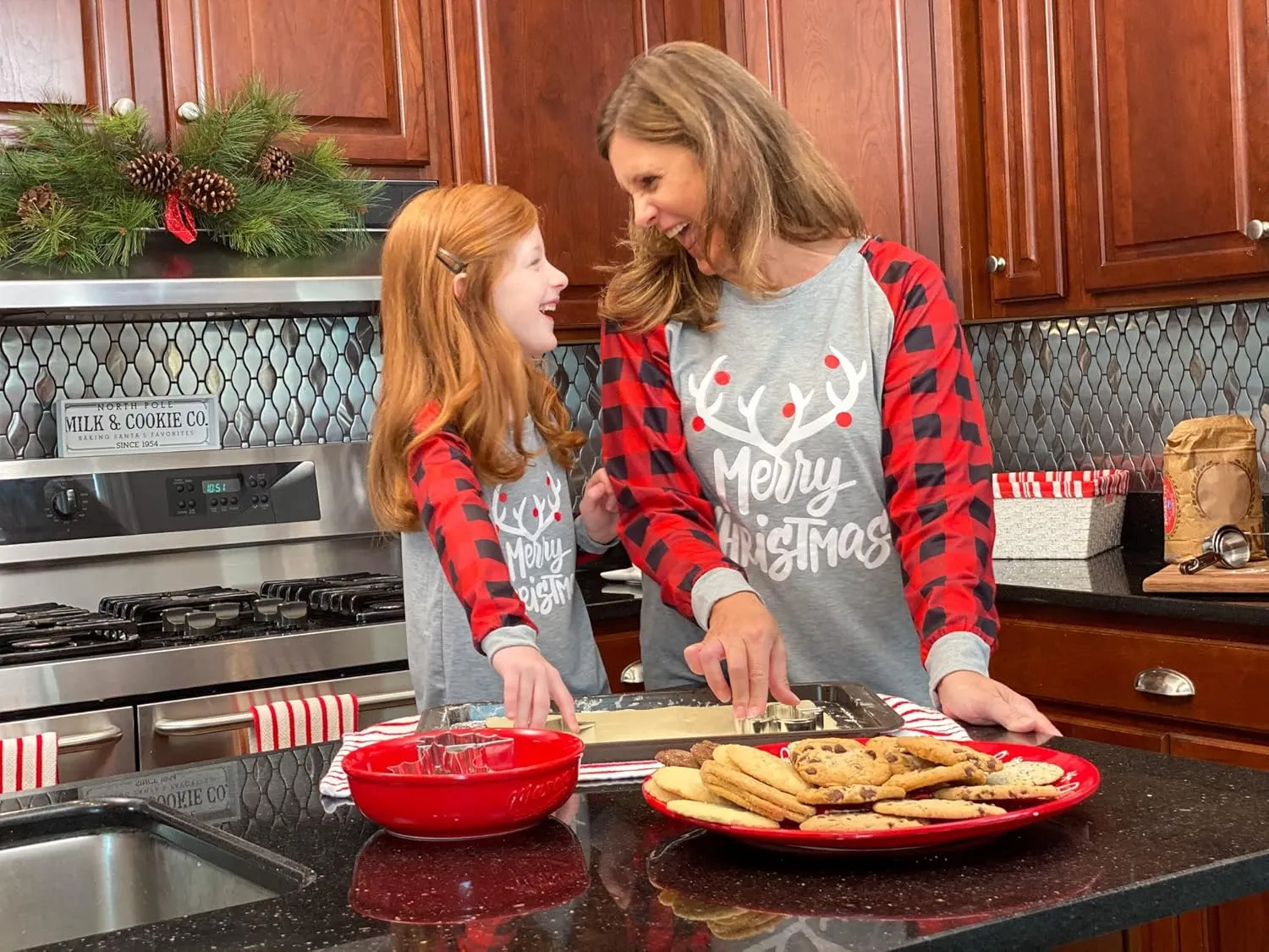 IFFEI Matching Family Pajamas Sets Christmas PJ's with Letter and Plaid Printed Long Sleeve Tee and Bottom Loungewear