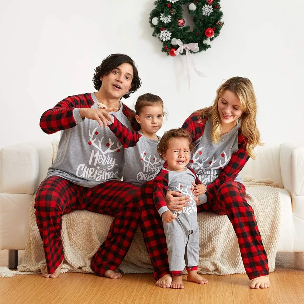 IFFEI Matching Family Pajamas Sets Christmas PJ's with Letter and Plaid Printed Long Sleeve Tee and Bottom Loungewear