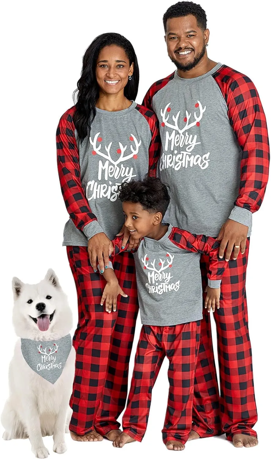 IFFEI Matching Family Pajamas Sets Christmas PJ's with Letter and Plaid Printed Long Sleeve Tee and Bottom Loungewear
