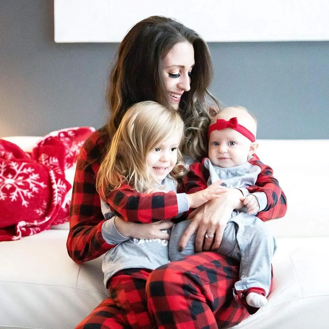 IFFEI Matching Family Pajamas Sets Christmas PJ's with Letter and Plaid Printed Long Sleeve Tee and Bottom Loungewear