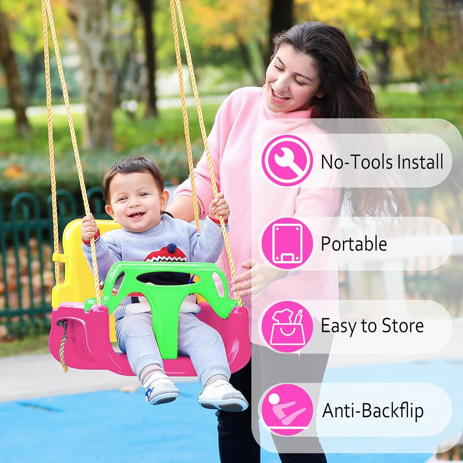 IFOYO 3-in-1 Convertible Kids Swing Seat with Detachable High-Back Support, Secure Indoor/Outdoor Playground Swing for Kids (Pink)