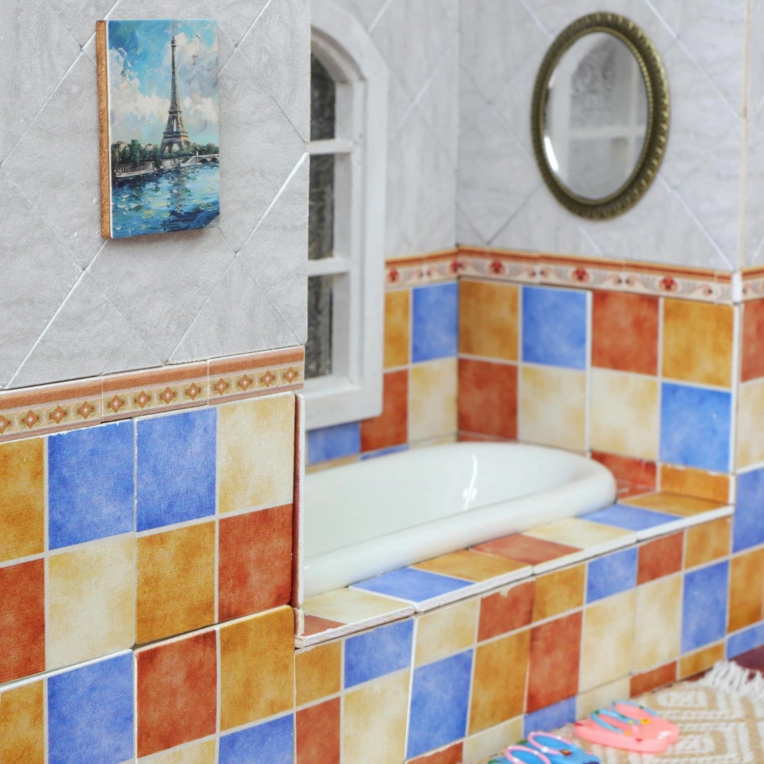 iLAND Miniature Dollhouse Accessories,60pcs Dollhouse Flooring on 1:12 Scale Color Patchwork Tiles (60pcs Mediterranean Style