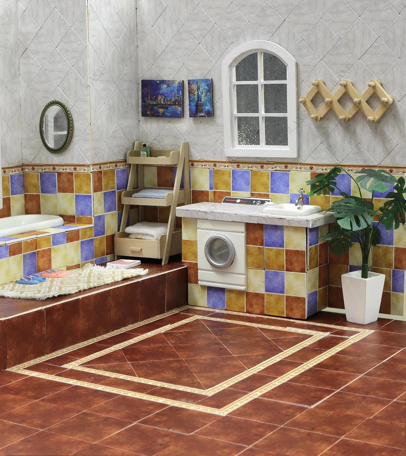 iLAND Miniature Dollhouse Accessories,60pcs Dollhouse Flooring on 1:12 Scale Color Patchwork Tiles (60pcs Mediterranean Style