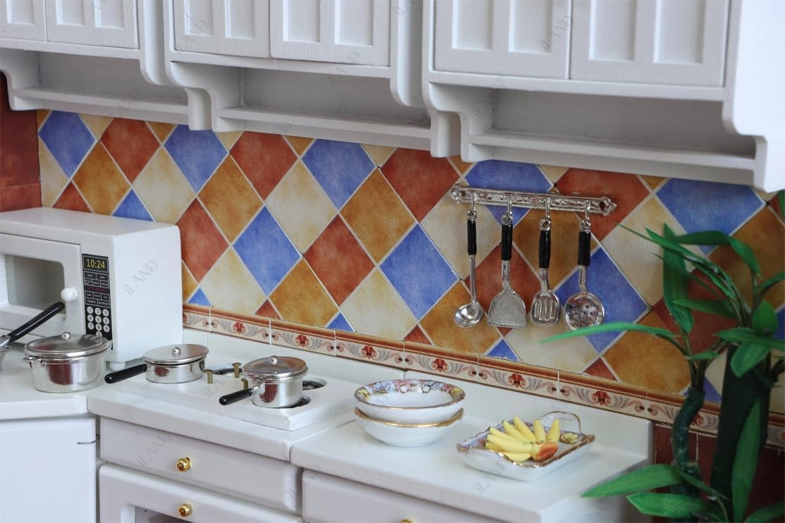 iLAND Miniature Dollhouse Accessories,60pcs Dollhouse Flooring on 1:12 Scale Color Patchwork Tiles (60pcs Mediterranean Style