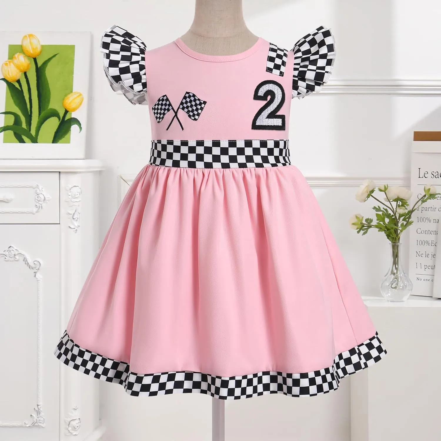 IMEKIS Baby Girl Race Car 1st 2nd Birthday Outfit Ruffle Sleeve Dress Cake Smash Photo Shoot Halloween Costume