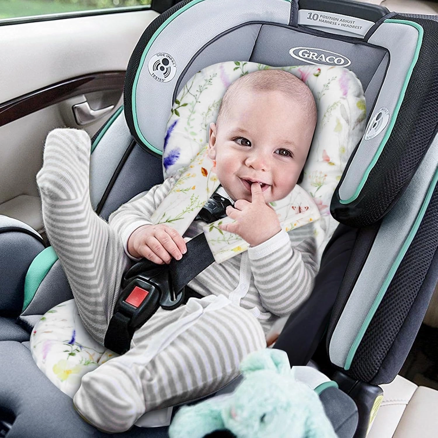 Infant Car Seat Insert Cushion, Super Soft Baby Car Seat Head Support & 2 Straps Pads, Reversible Preemie Newborn Carseat Insert, Fit Car Seat, Stroller, Infant Bouncer, Wildflowers