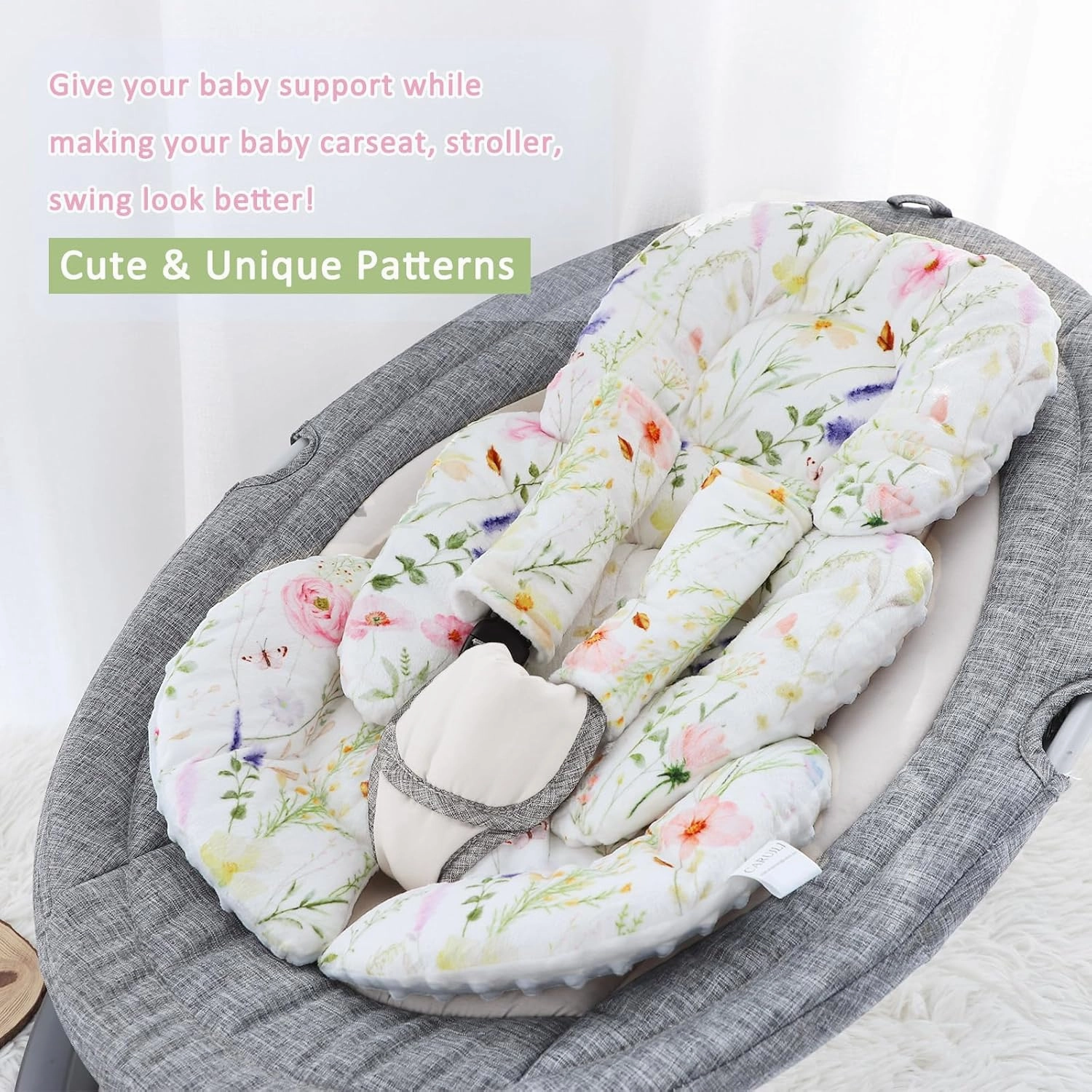Infant Car Seat Insert Cushion, Super Soft Baby Car Seat Head Support & 2 Straps Pads, Reversible Preemie Newborn Carseat Insert, Fit Car Seat, Stroller, Infant Bouncer, Wildflowers