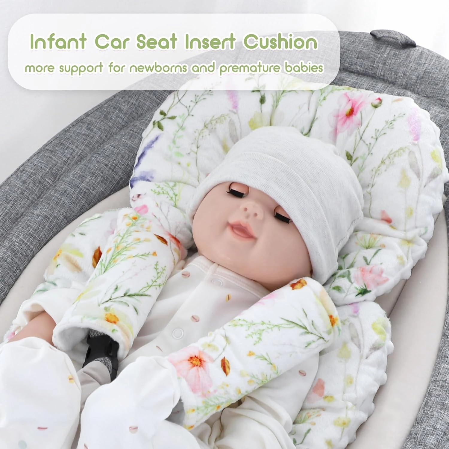 Infant Car Seat Insert Cushion, Super Soft Baby Car Seat Head Support & 2 Straps Pads, Reversible Preemie Newborn Carseat Insert, Fit Car Seat, Stroller, Infant Bouncer, Wildflowers