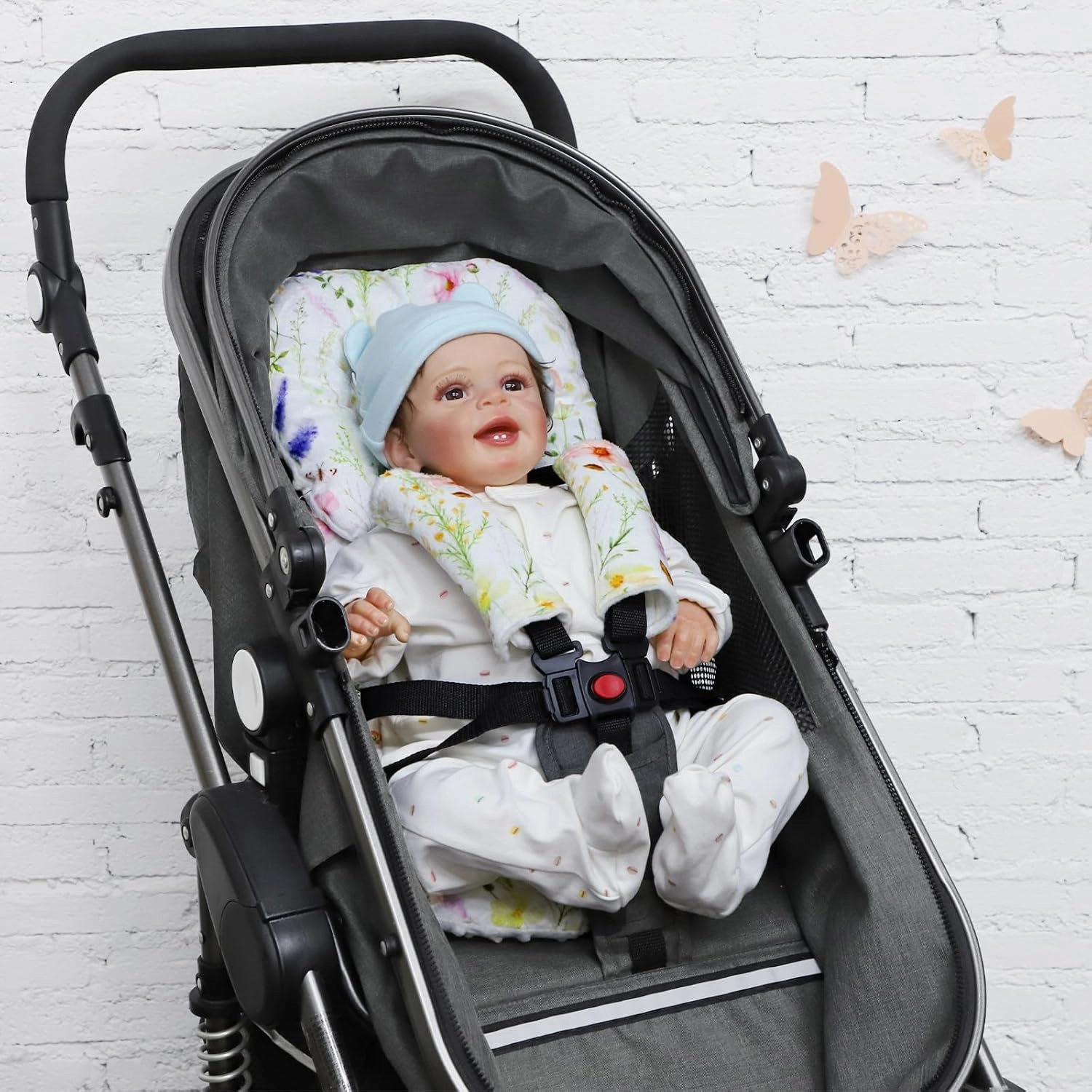 Infant Car Seat Insert Cushion, Super Soft Baby Car Seat Head Support & 2 Straps Pads, Reversible Preemie Newborn Carseat Insert, Fit Car Seat, Stroller, Infant Bouncer, Wildflowers