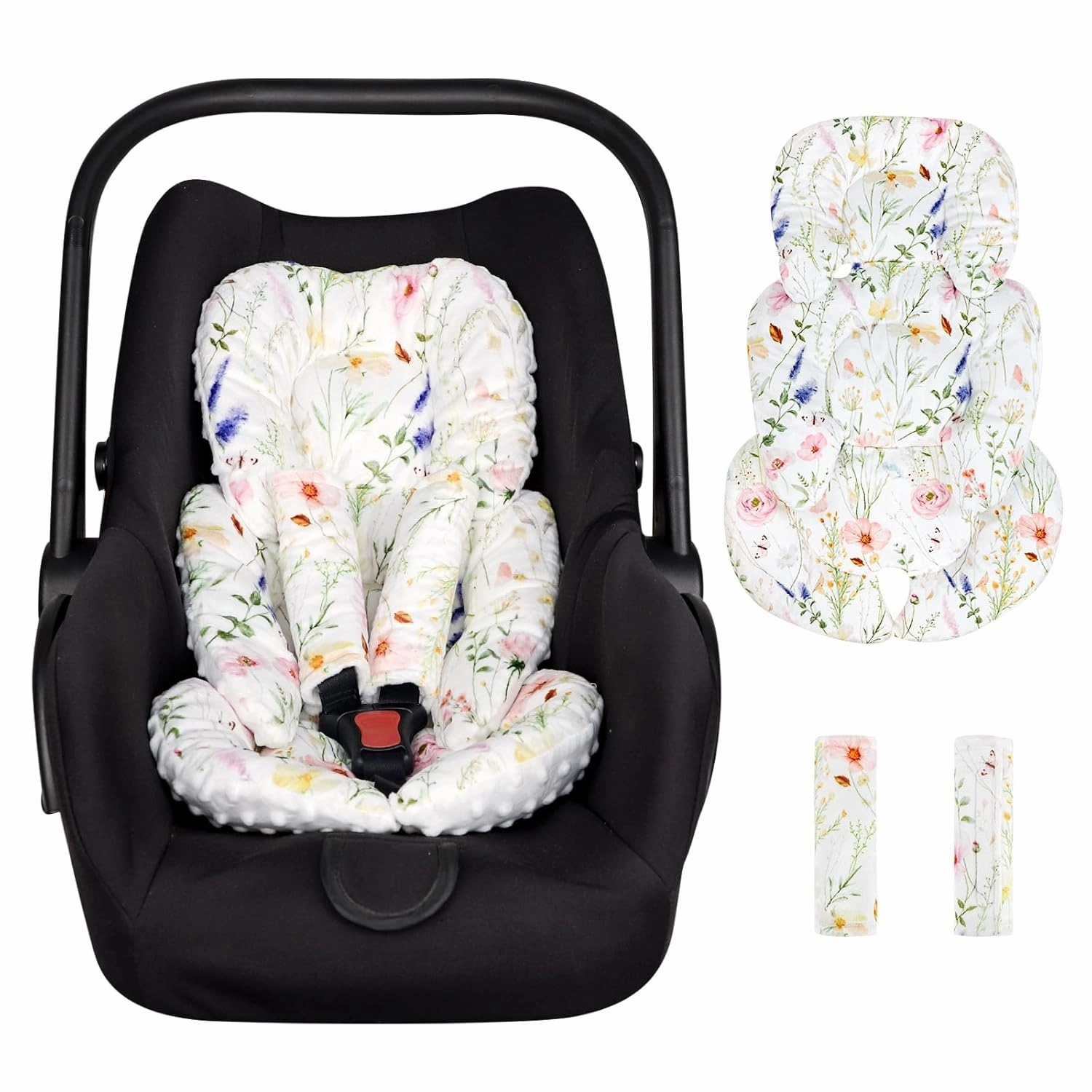 Infant Car Seat Insert Cushion, Super Soft Baby Car Seat Head Support & 2 Straps Pads, Reversible Preemie Newborn Carseat Insert, Fit Car Seat, Stroller, Infant Bouncer, Wildflowers