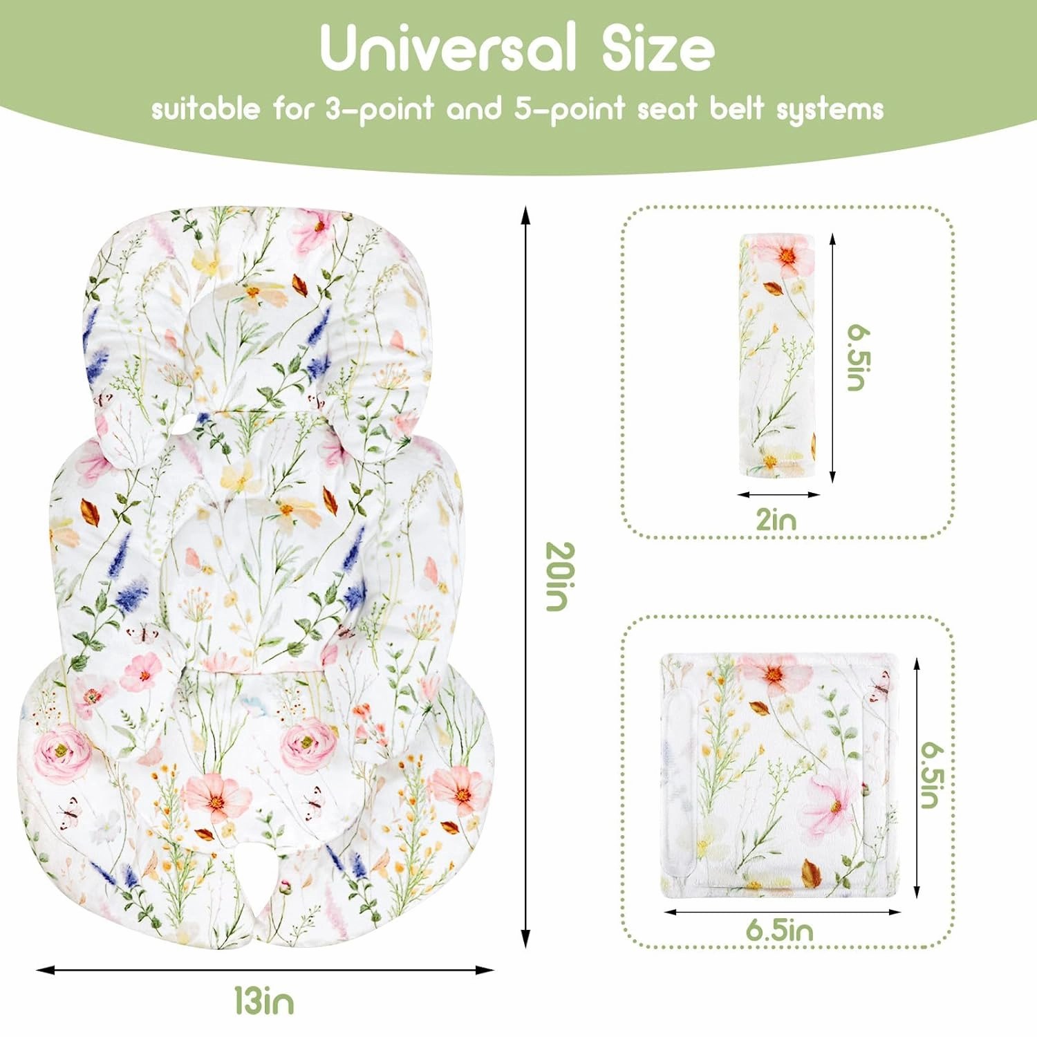 Infant Car Seat Insert Cushion, Super Soft Baby Car Seat Head Support & 2 Straps Pads, Reversible Preemie Newborn Carseat Insert, Fit Car Seat, Stroller, Infant Bouncer, Wildflowers