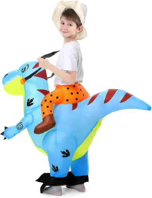 Inflatable Dinosaur Costume for Kids - Blue Riding Dinosaur Blow-Up Costume for Boys and Girls - Cosplay and Dress-Up