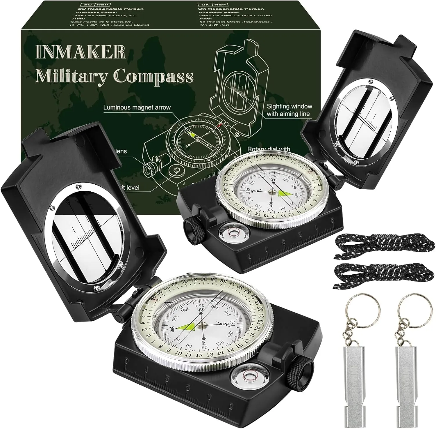 INMAKER Compass, Compass Hiking with Survival Whistle, Luminous Compass Gift for Kids, Apply to Outdoor Survival, Camping and Navigation