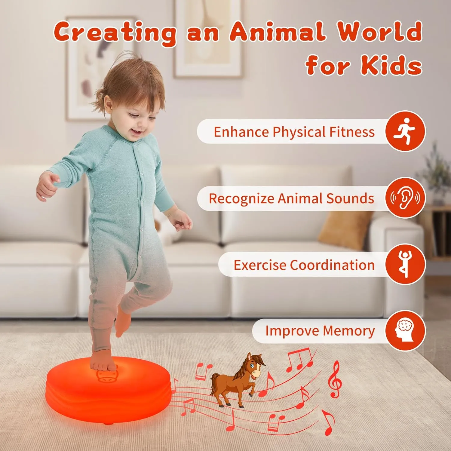 Interactive Animal Sounds Toy, LED Floor Tiles, Touch Sensitive, Toddler & Little Kid, Red (Horse), Includes USB Charging Cable & User Manual