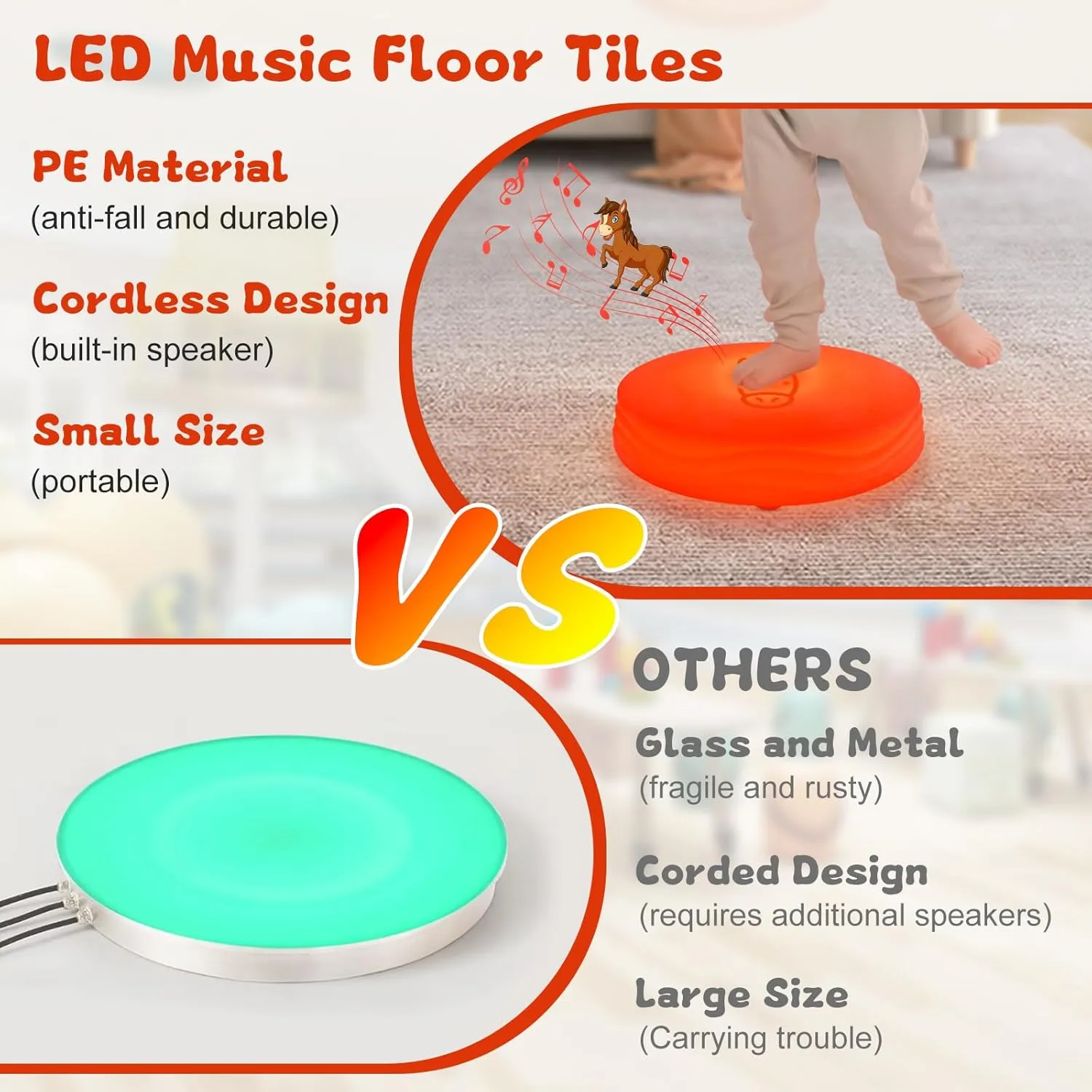 Interactive Animal Sounds Toy, LED Floor Tiles, Touch Sensitive, Toddler & Little Kid, Red (Horse), Includes USB Charging Cable & User Manual